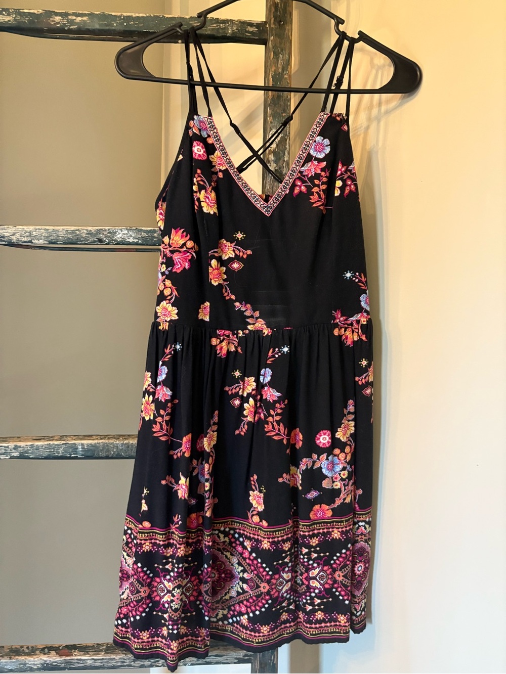 Xhilaration Black Floral Mini Dress with Pink & Purple Details